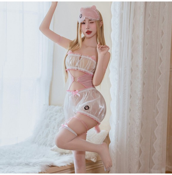 FEE ET MOI - Playful Kitten Open-Crotch One-Piece Set (White - Pink)